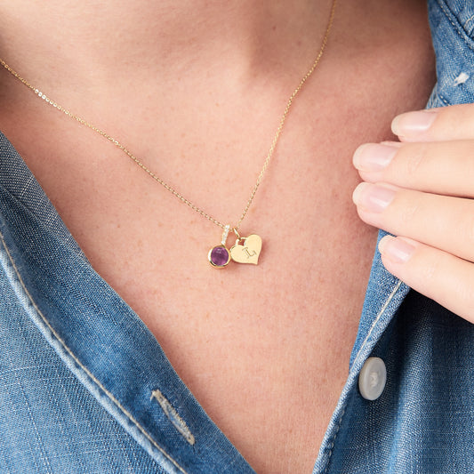 Personalised amethyst necklace with diamonds and heart initial charm