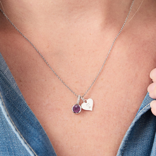 Dainty diamond necklace with amethyst gemstone and personalised heart charm in silver