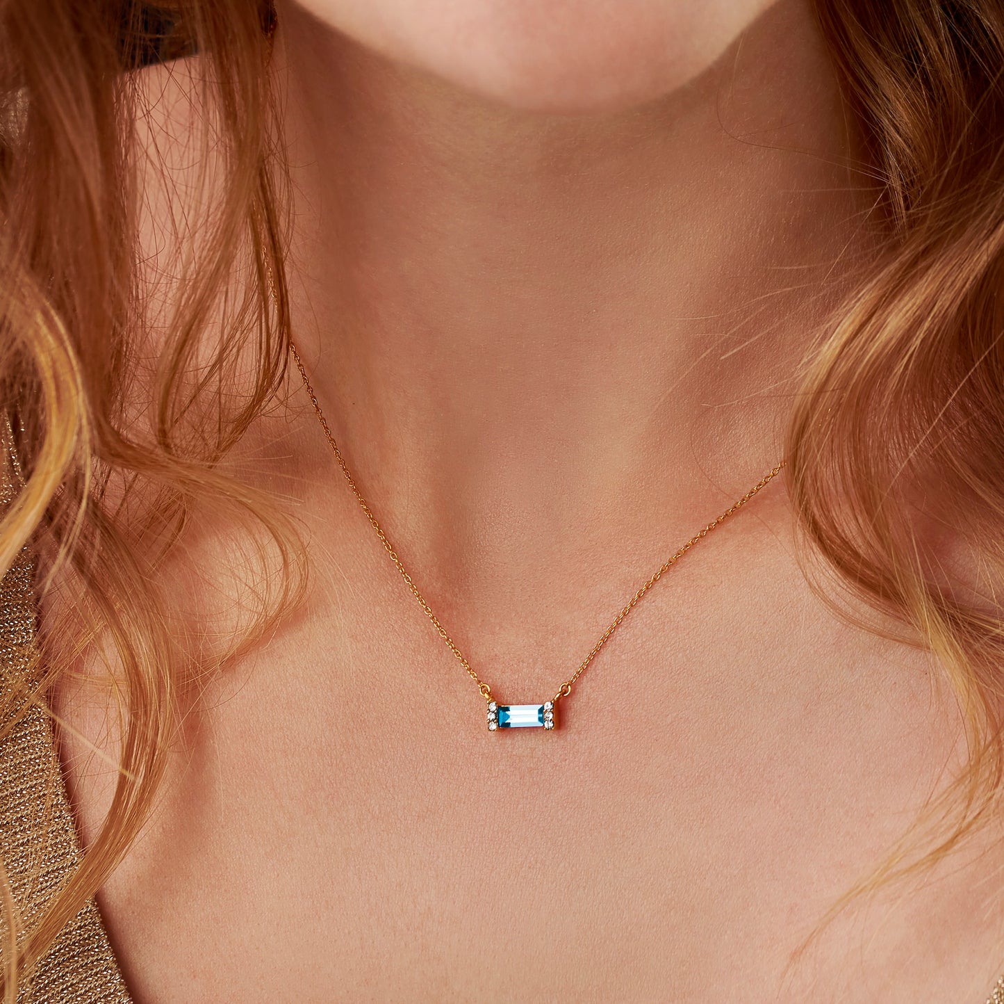 March Aquamarine Birthstone Baguette Necklace in Gold Vermeil
