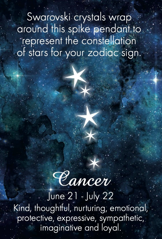 Star constellation for the star sign of Cancer with text about the character traits of those born under the Cancer zodiac sign on a starry night sky background.