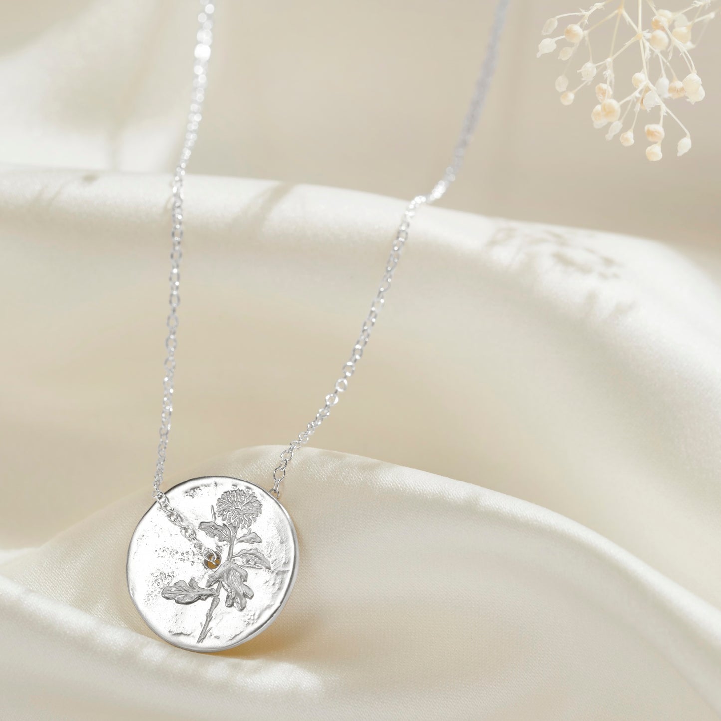 November Birth Flower Chrysanthemum Necklace in Silver