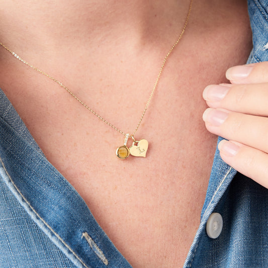 Citrine November birthstone necklace with personalised heart initial charm and white diamonds in 18 carat gold vermeil