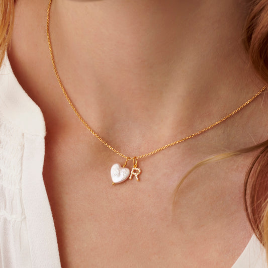 Diamond Letter Necklace with Heart Shaped Freshwater in Gold Vermeil