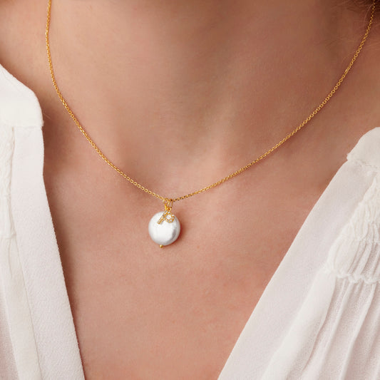 Diamond Initial and Freshwater Pearl Necklace in Gold Vermeil