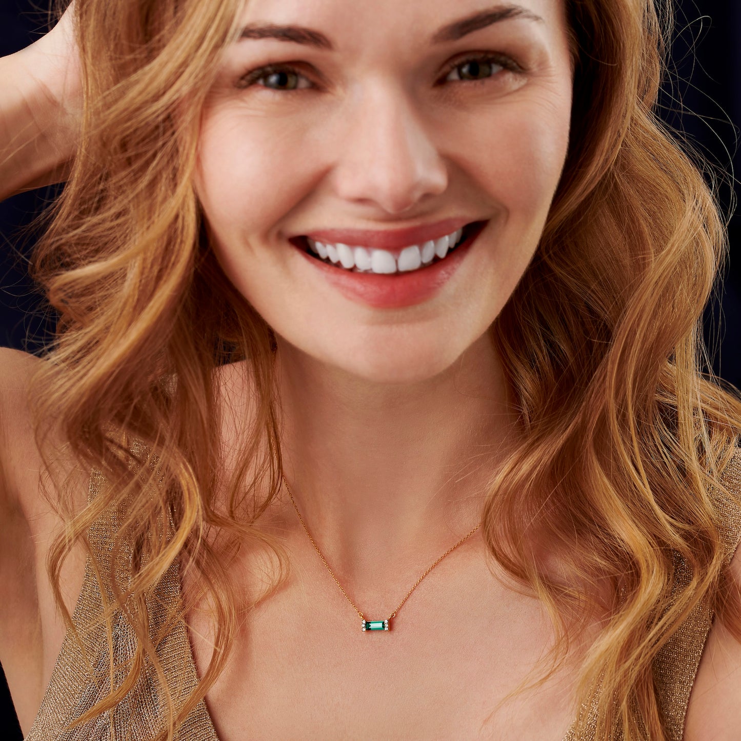 May Emerald Birthstone Baguette Necklace in Gold Vermeil