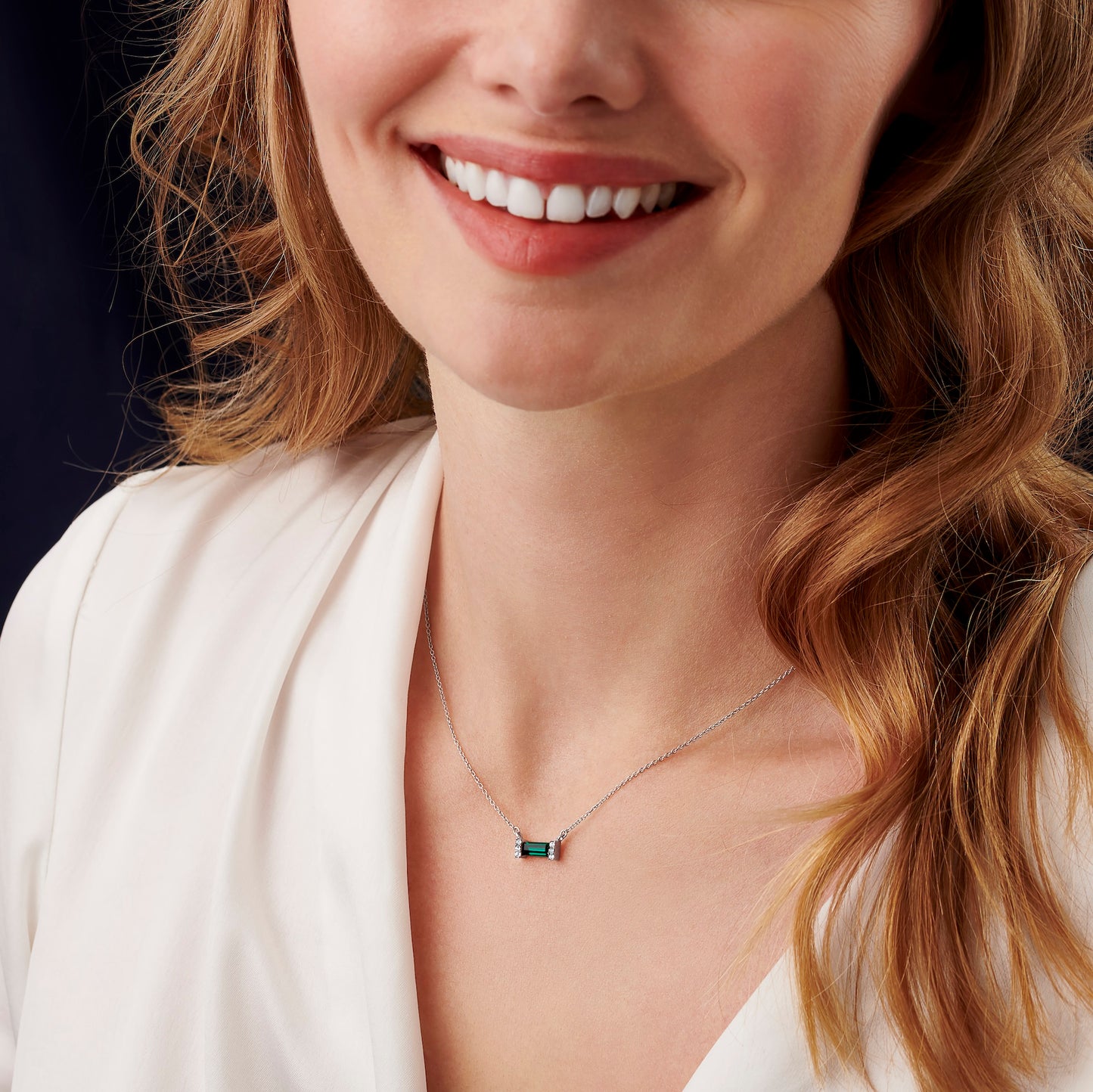 May Emerald Birthstone Baguette Necklace in Sterling Silver