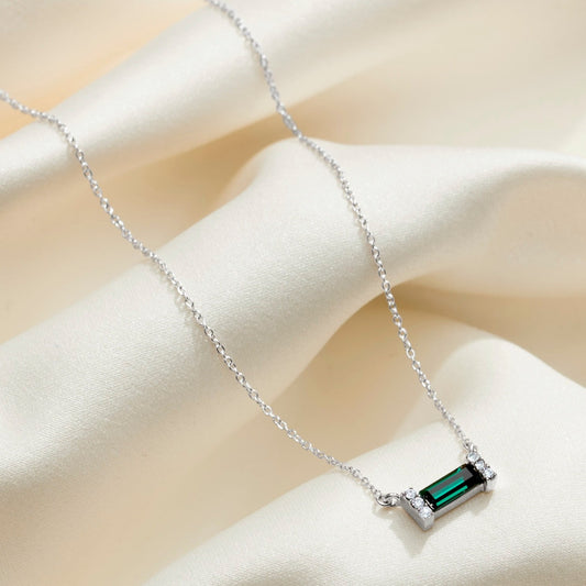 May Emerald Birthstone Baguette Necklace in Sterling Silver