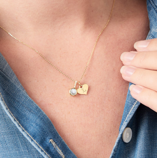 Pearl pendant necklace with letter charm and diamonds in 18 carat gold vermeil