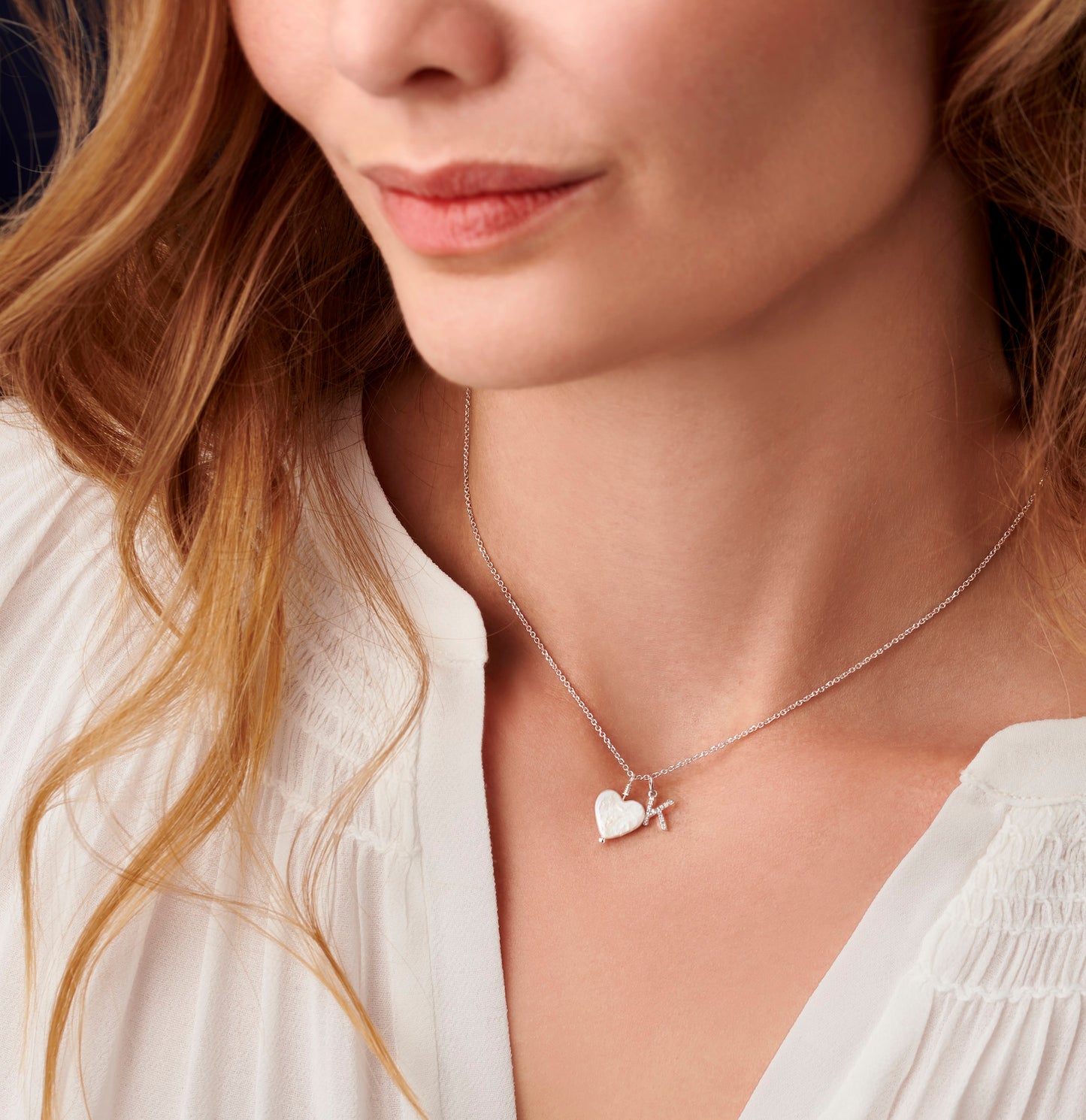 Freshwater Pearl Heart Necklace with Diamond Initial Charm In Silver