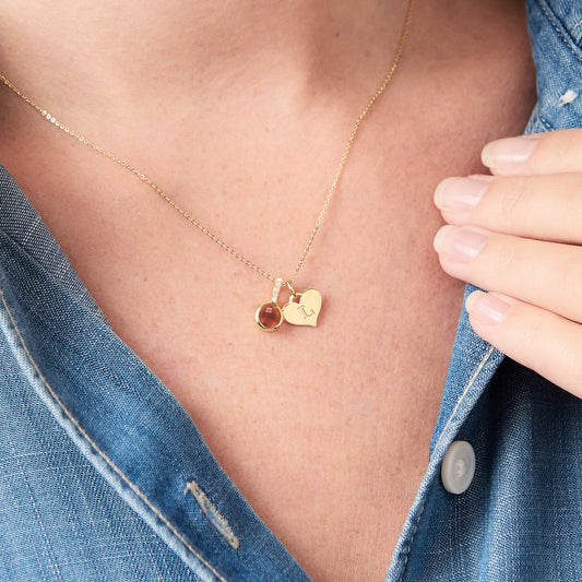 Personalised garnet birthstone necklace with heart charm in 18 carat gold vermeil