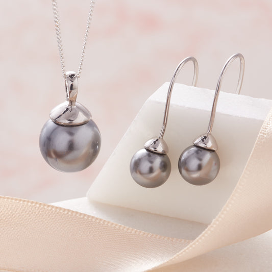 Grey Pearl Pendant Necklace and Earring Set in Silver