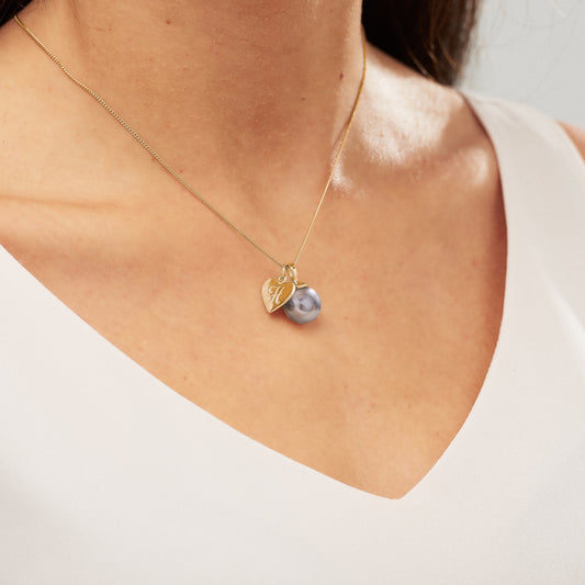 Grey pearl pendant necklace with initial charm in yellow gold vermeil by Claudette Worters