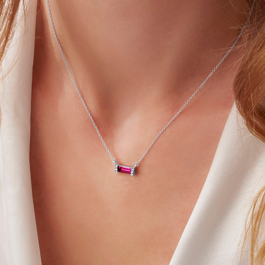 July Ruby Birthstone Baguette Necklace in Sterling Silver