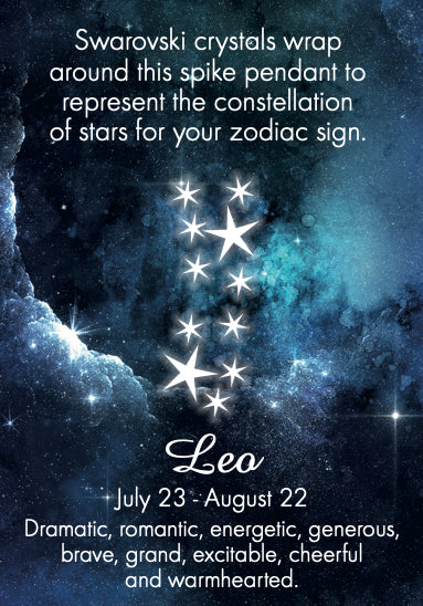 Leo zodiac sign description with star constellation and Swarovski crystal details on a cosmic background.