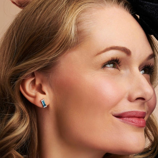 March Aquamarine Birthstone Baguette Stud Earring in Sterling Silver