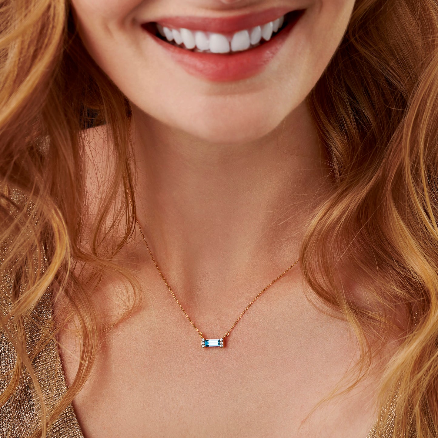 March Aquamarine Birthstone Baguette Necklace in Gold Vermeil