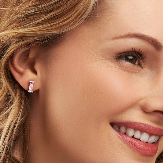 October Pink Tourmaline Birthstone Baguette Stud Earring in Sterling Silver
