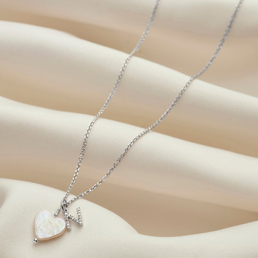 Freshwater Pearl Heart Necklace with Diamond Initial Charm In Silver