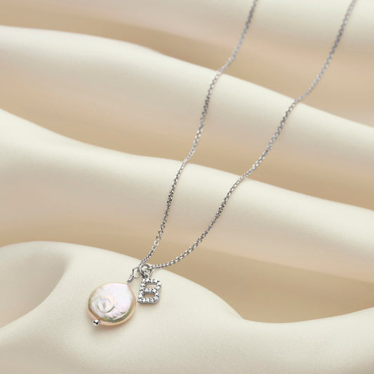Diamond Initial Pendant with Freshwater Pearl In Silver
