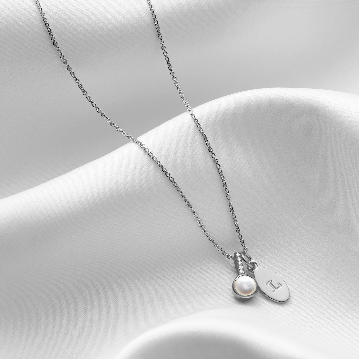 June Birthstone Necklace with White Pearl and Diamonds in Sterling Silver