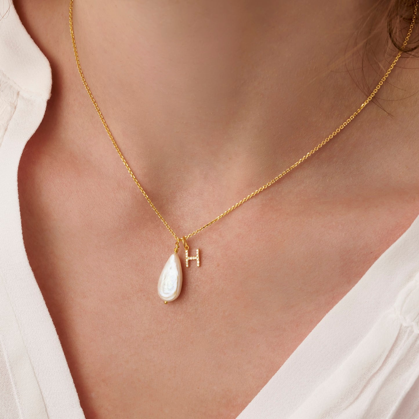Teardrop Freshwater Pearl Necklace with Diamond Letter Charm in Gold Vermeil