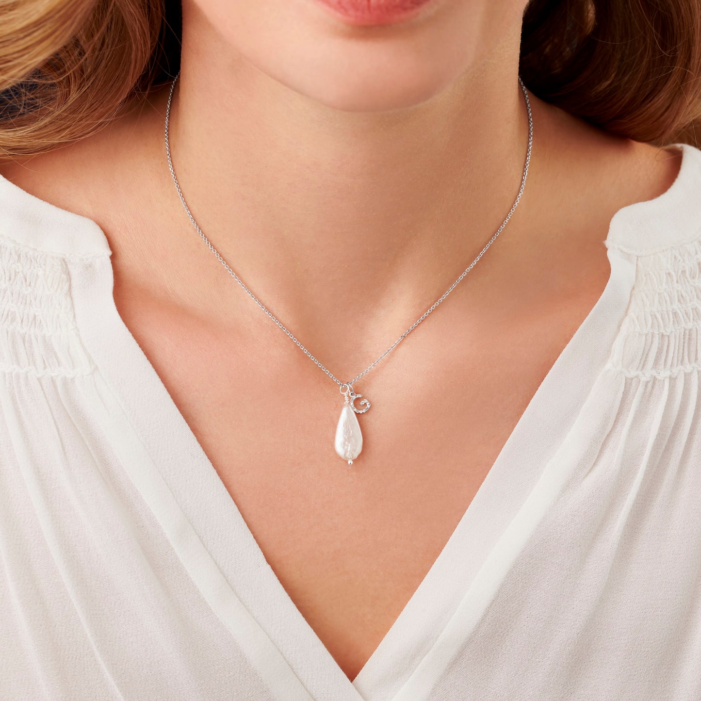 Pearl Teardrop Pendant in Sterling Silver with Real Diamond Initial Charm