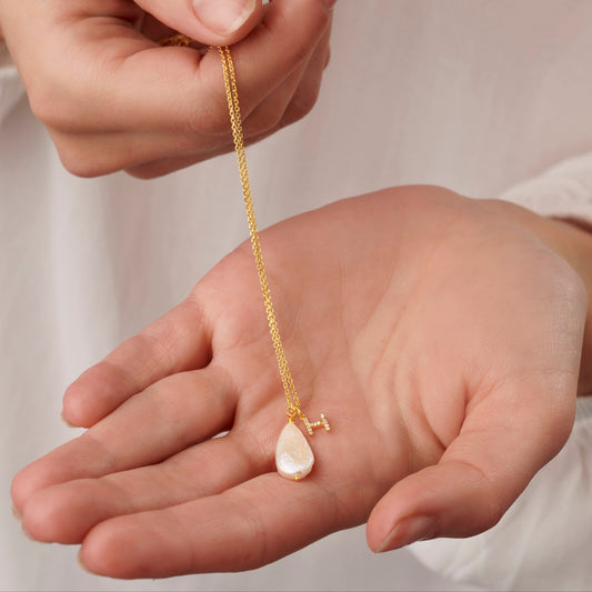 Teardrop Freshwater Pearl Necklace with Diamond Letter Charm in Gold Vermeil