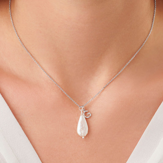 Pearl Teardrop Pendant in Sterling Silver with Real Diamond Initial Charm