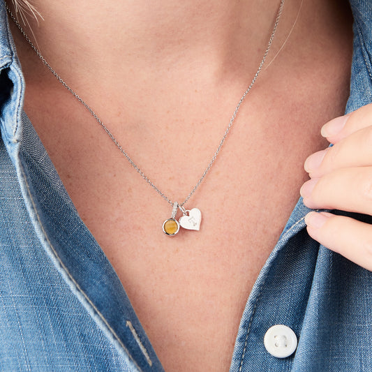 Faceted citrine birthstone pendant with diamonds and personalised initial charm in silver