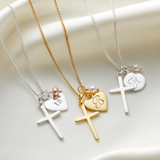Silver cross necklace with personalised heart charm and birthstone