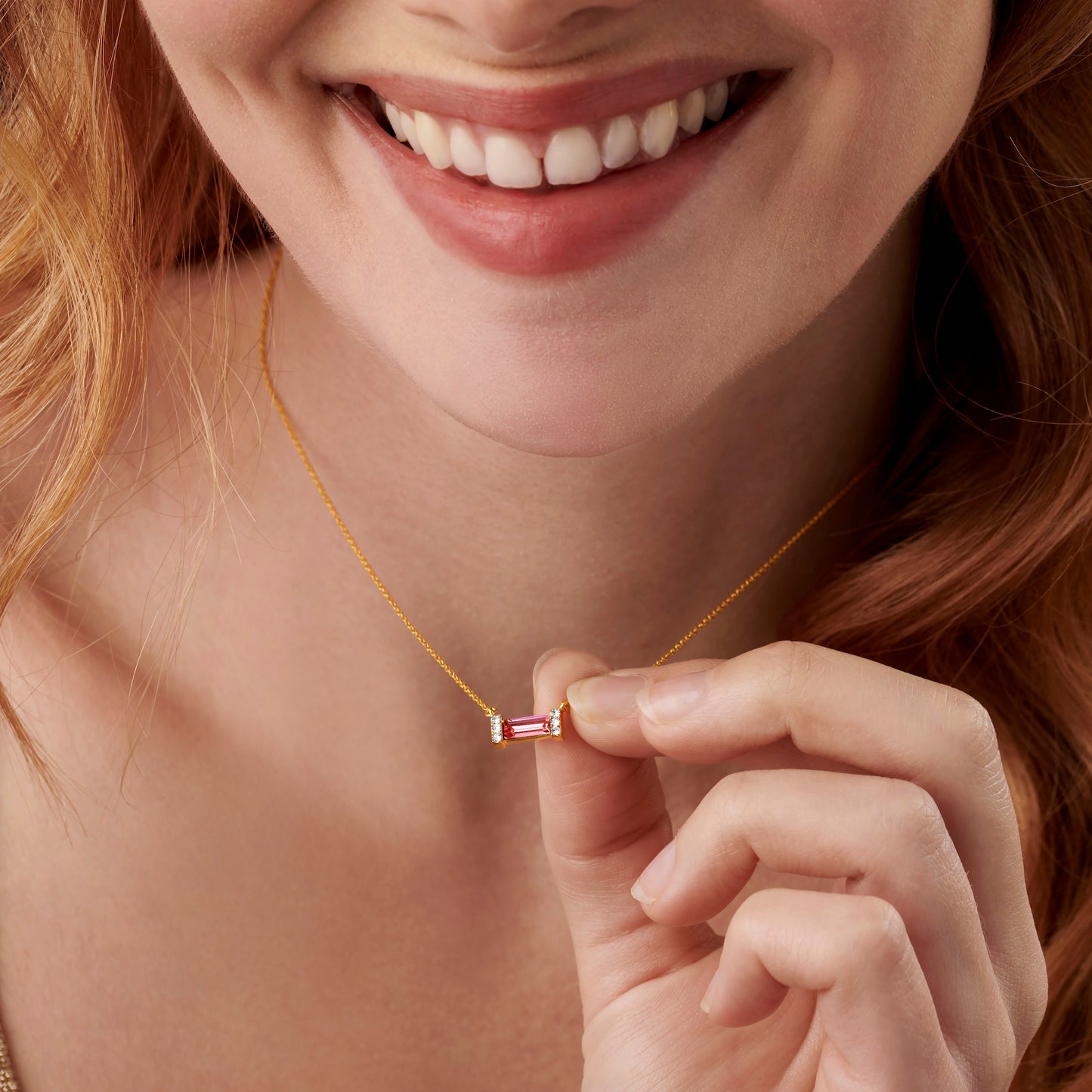 Pink Tourmaline October Birthstone Baguette Necklace in Gold Vermeil