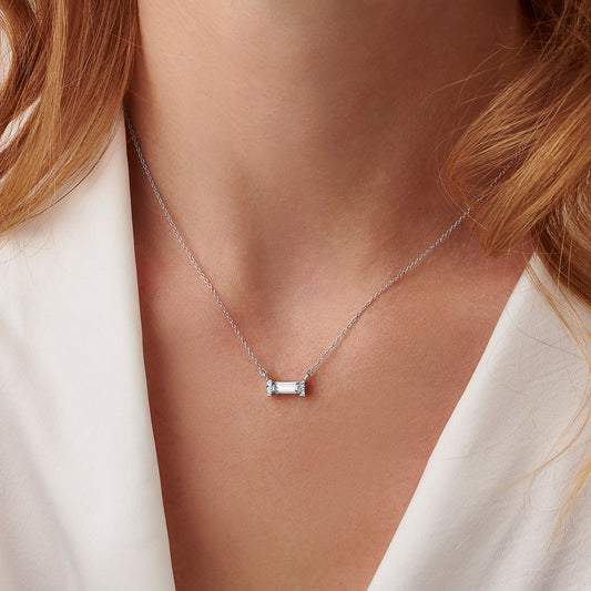 April Rock Crystal Birthstone Baguette Necklace in Sterling Silver
