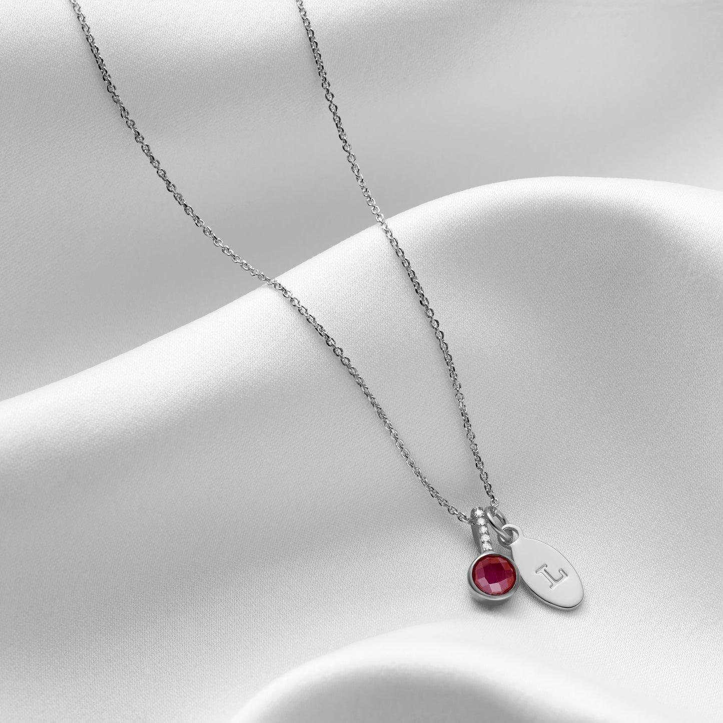 Ruby Birthstone Necklace for July with Diamonds in Sterling Silver