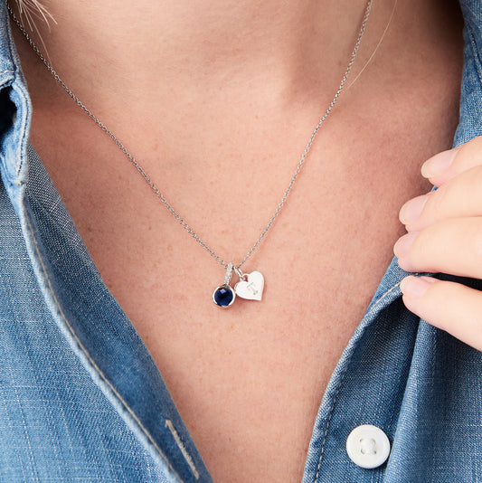 Dainty sapphire birthstone pendant with diamonds and heart letter charm in sterling silver