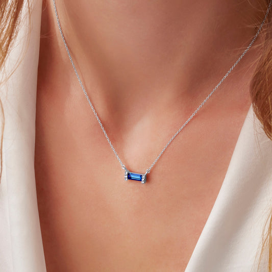 September Sapphire Birthstone Baguette Necklace in Sterling Silver