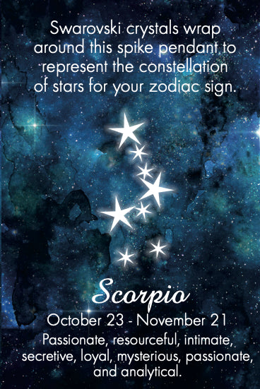 Scorpio zodiac sign constellation on a starry night sky background with the dates of the Scorpio star sign and the personality traits of Scorpios.