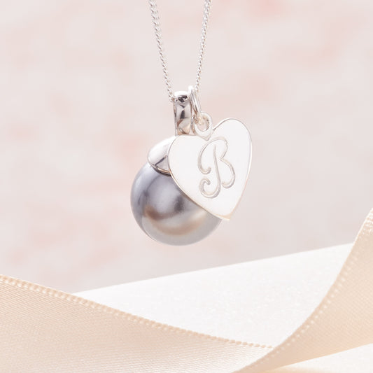 Large grey pearl pendant necklace personalised with silver heart charm on a fine sterling silver chain by Claudette Worters