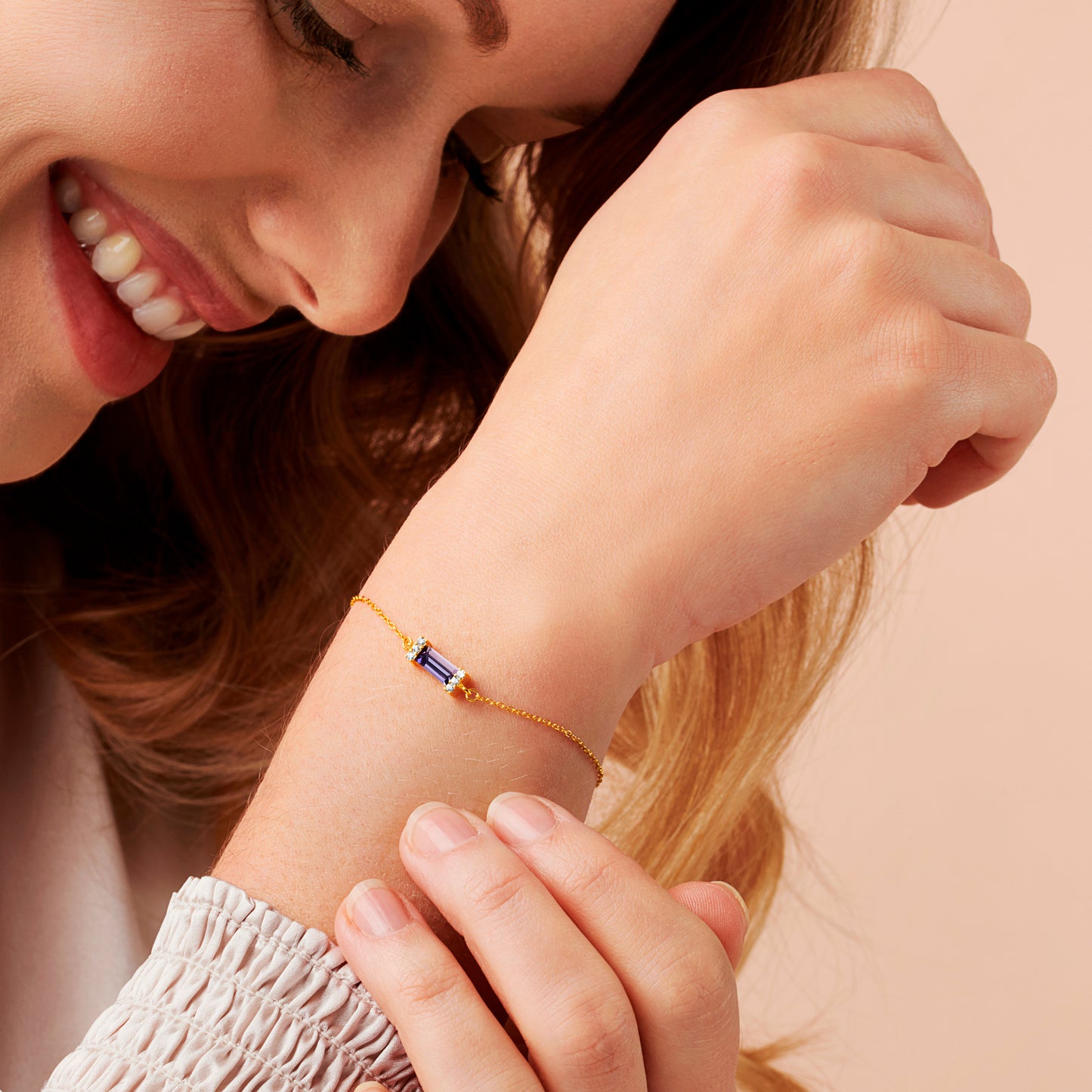 Tanzanite baguette birthstone bracelet for December in gold vermeil.