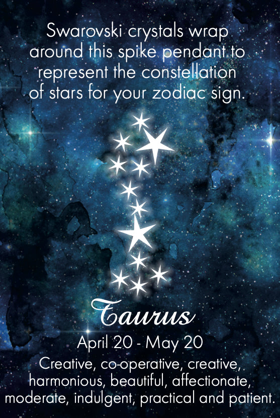 Swarovski crystal star pendant with Taurus zodiac constellation map information on a starry night sky background.