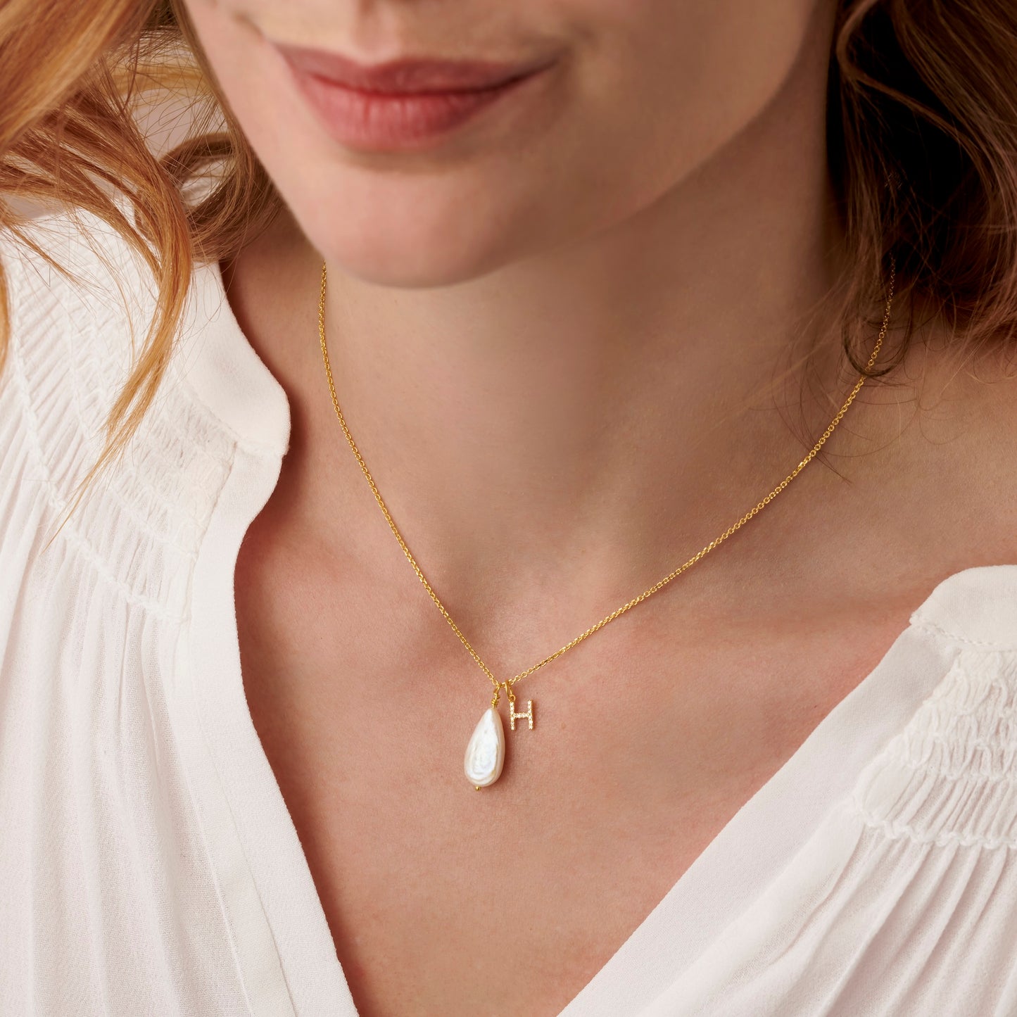Teardrop Freshwater Pearl Necklace with Diamond Letter Charm in Gold Vermeil