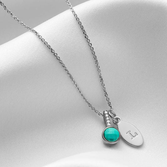 December birthstone pendant necklace with turquoise and real diamonds and initial charm in sterling silver by Claudette Worters