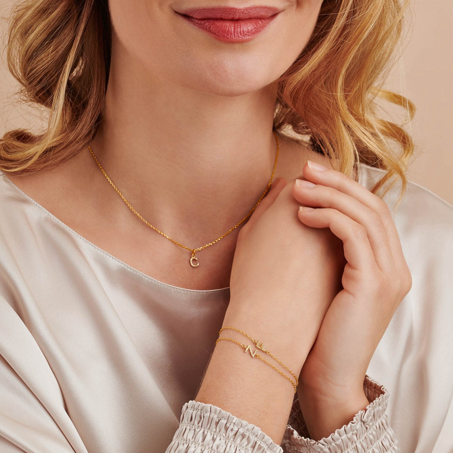 Real diamond initial bracelets and necklace in gold vermeil