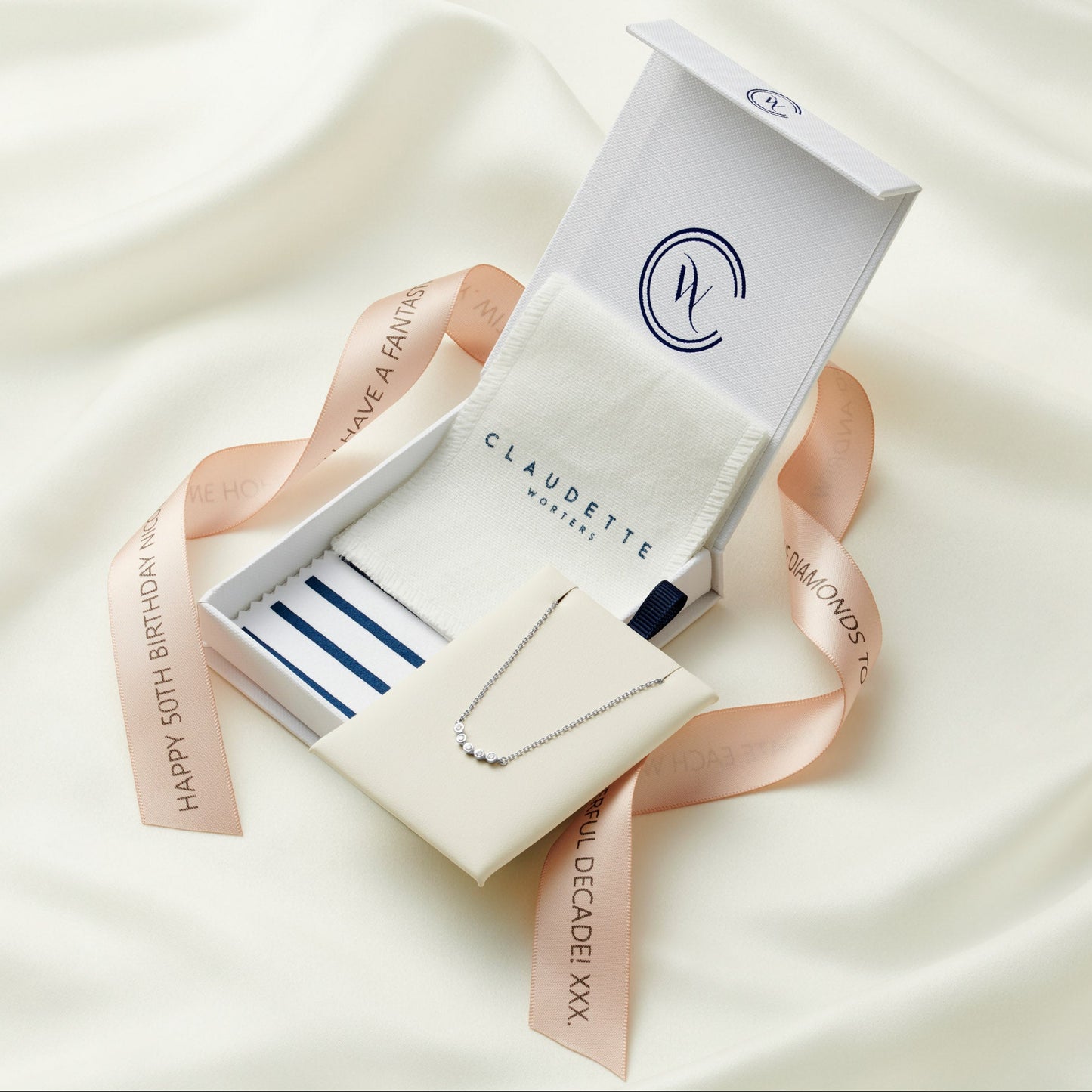 50th birthday diamond decade necklace with personalised printed ribbon and white jewellery gift box