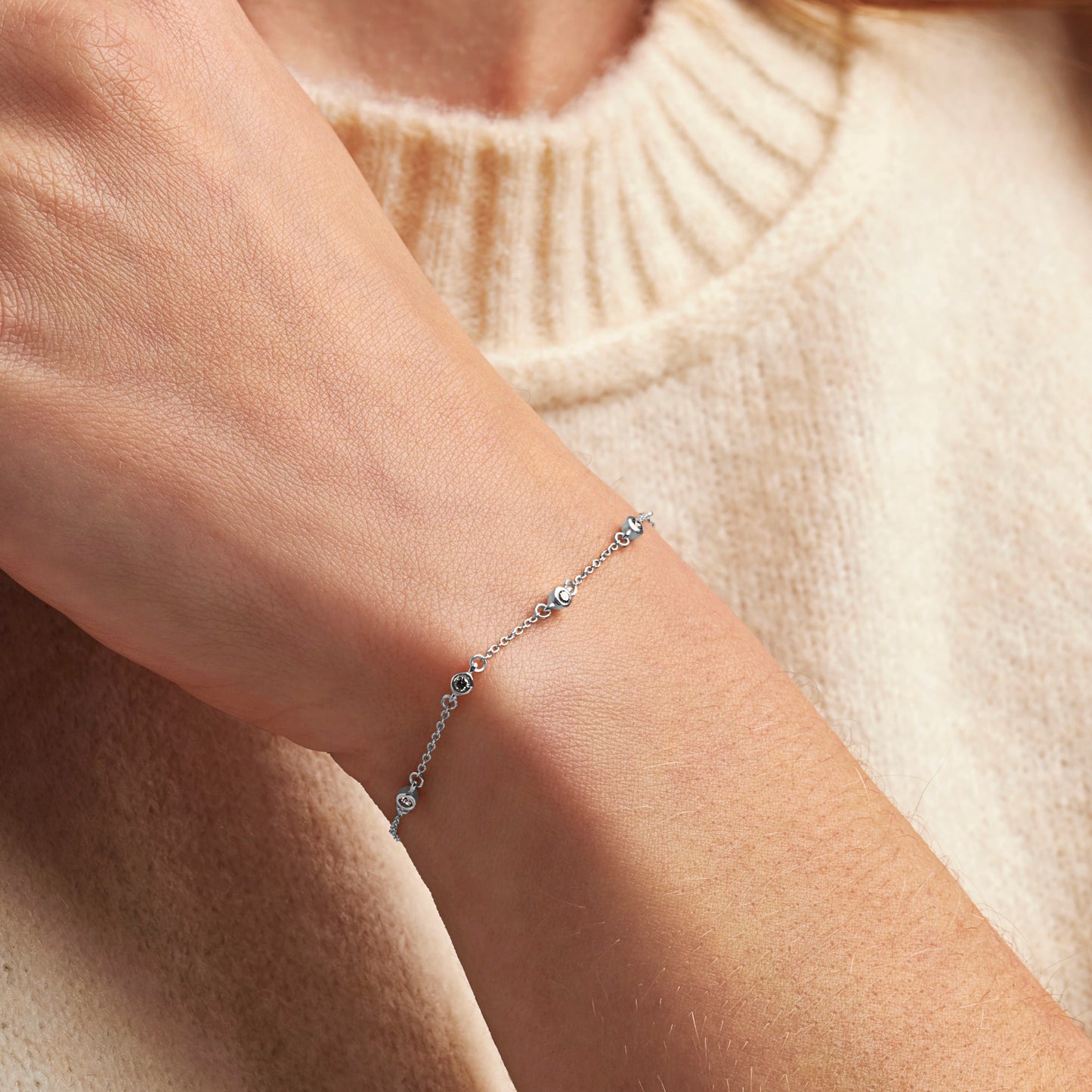 Diamond bracelet for 50th birthday in sterling silver with 5 diamonds in rub over settings