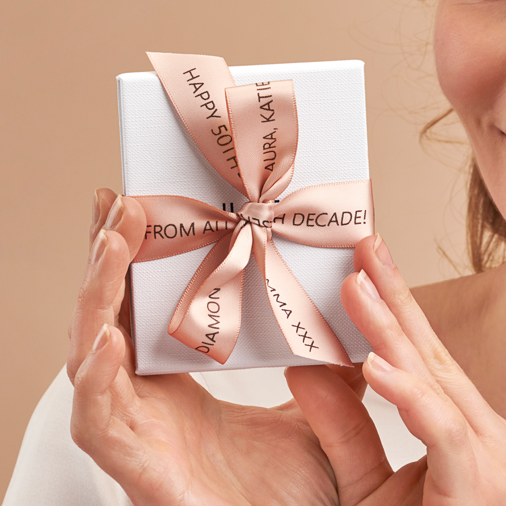 50th birthday personalised luxury printed bespoke pink ribbon and white gift box by Claudette Worters