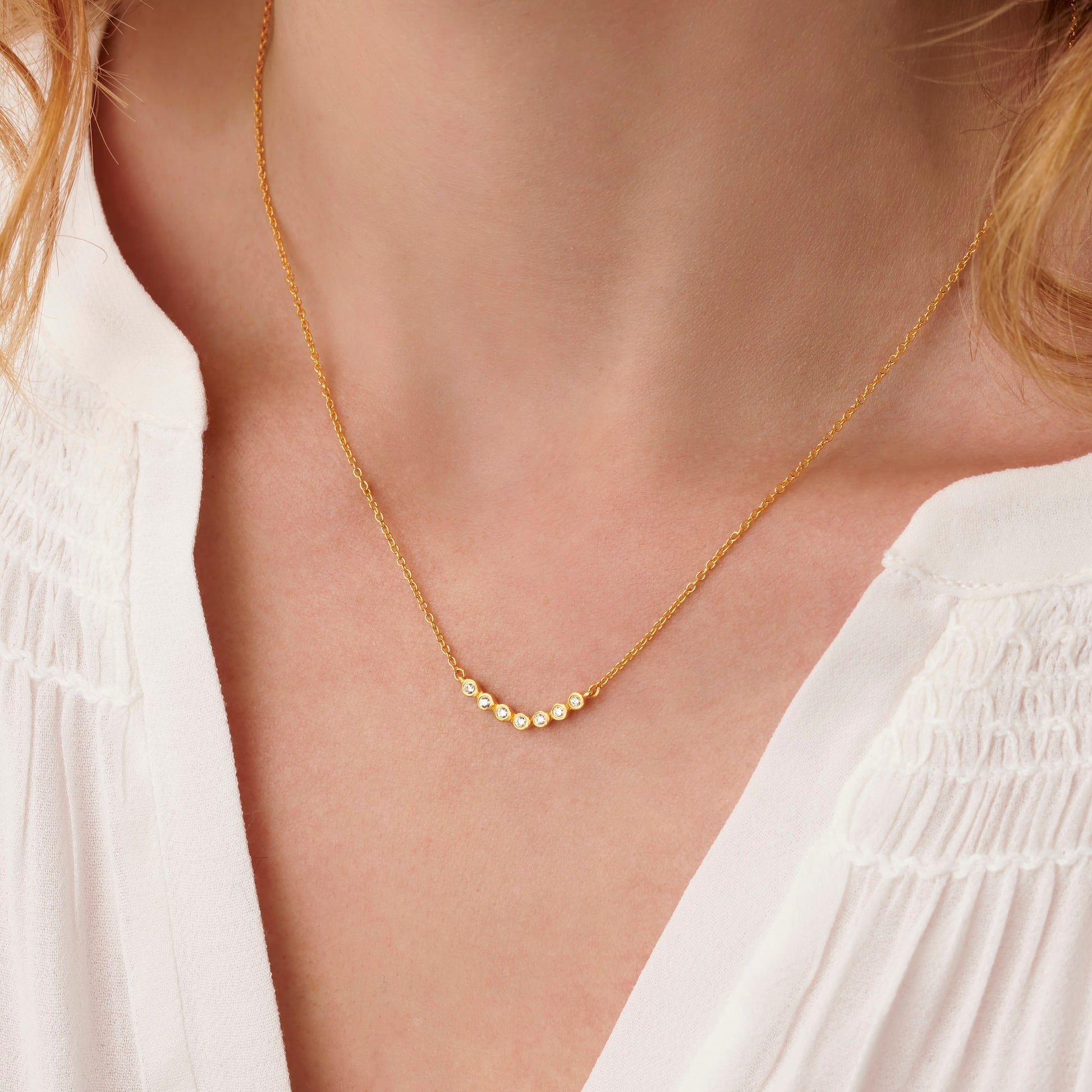 70th birthday diamond necklace, 7 stone diamond necklace in 18 carat yellow gold vermeil