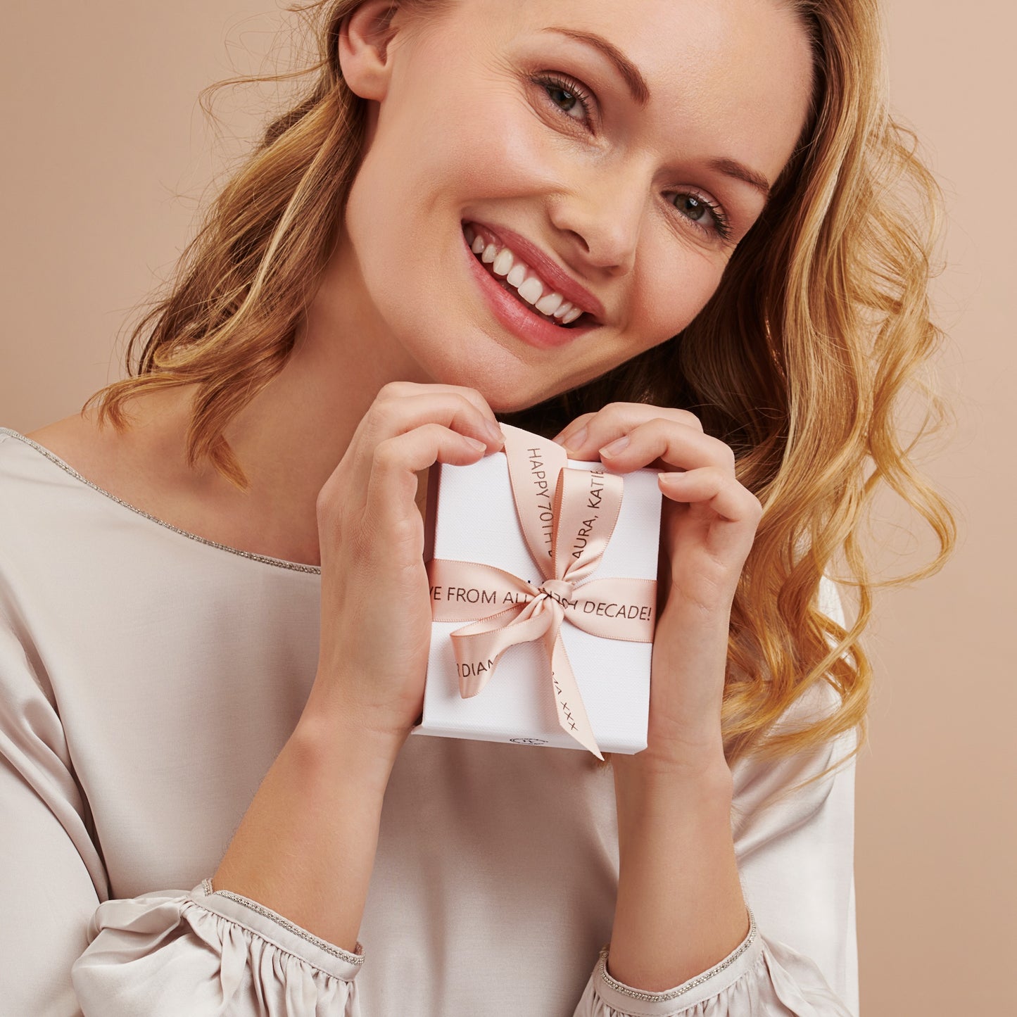 70th birthday gift wrapping with personal message printed on luxury satin ribbon