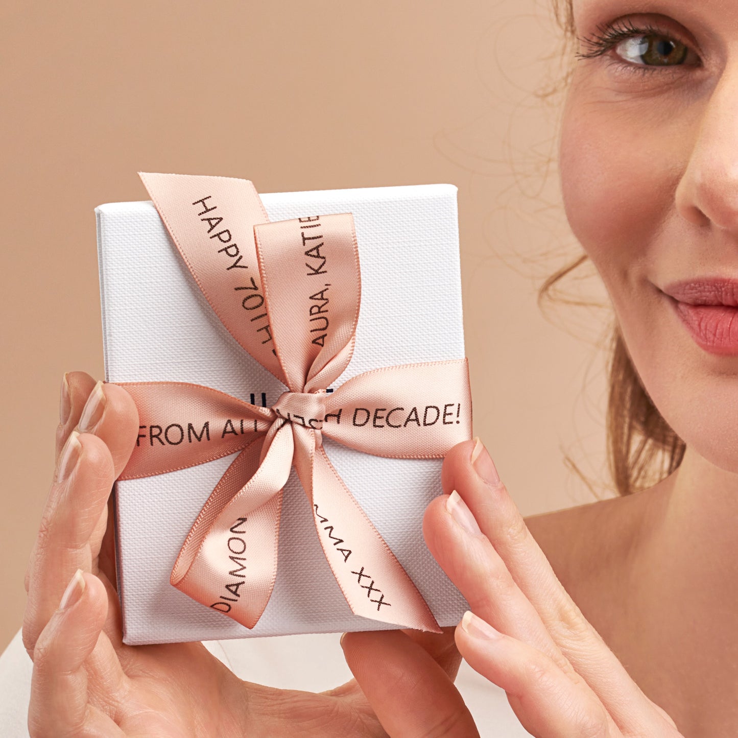 Happy 70th birthday premium personalised pink printed ribbon and white  jewellery box by Claudette Worters