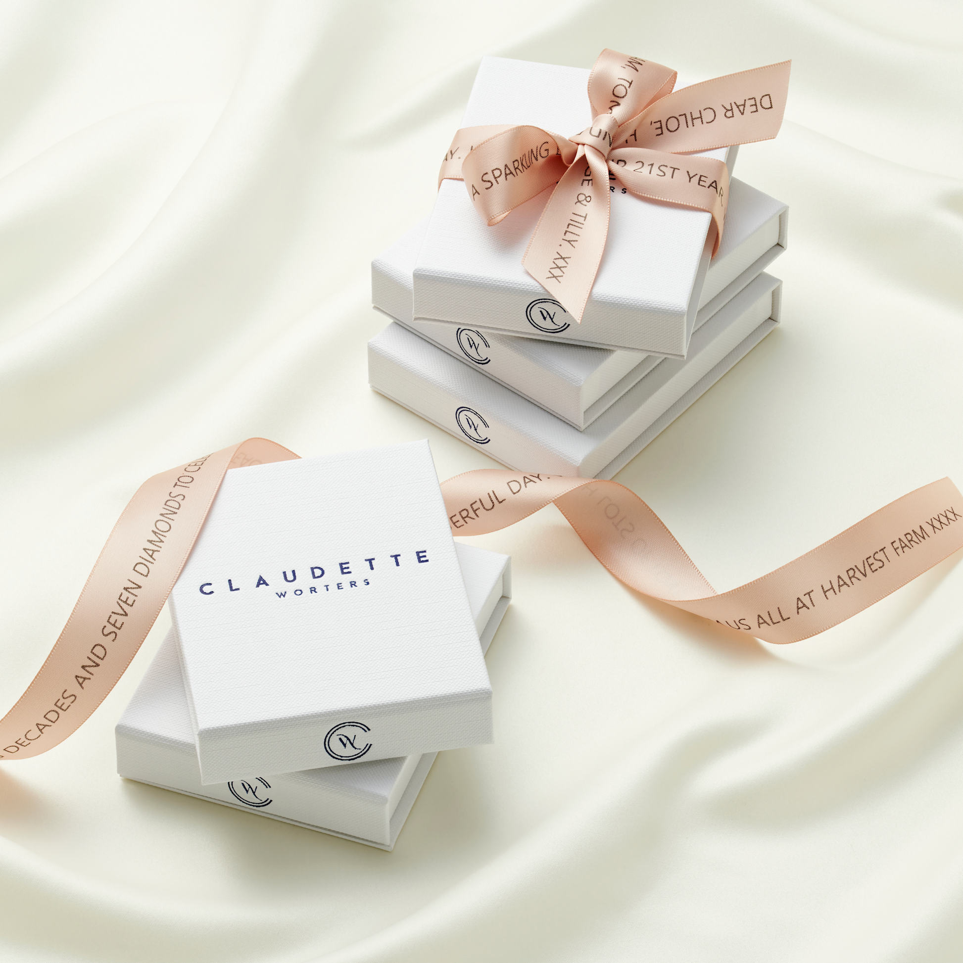 70th birthday personalised gift message printed pink ribbon and white gift boxes