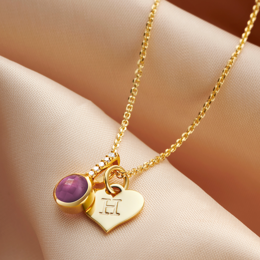 Personalised amethyst birthstone necklace in gold vermeil with heart initial charm